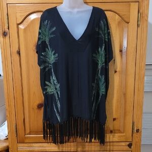 Black and Green Oversized Tunic with Palm Tree Design
